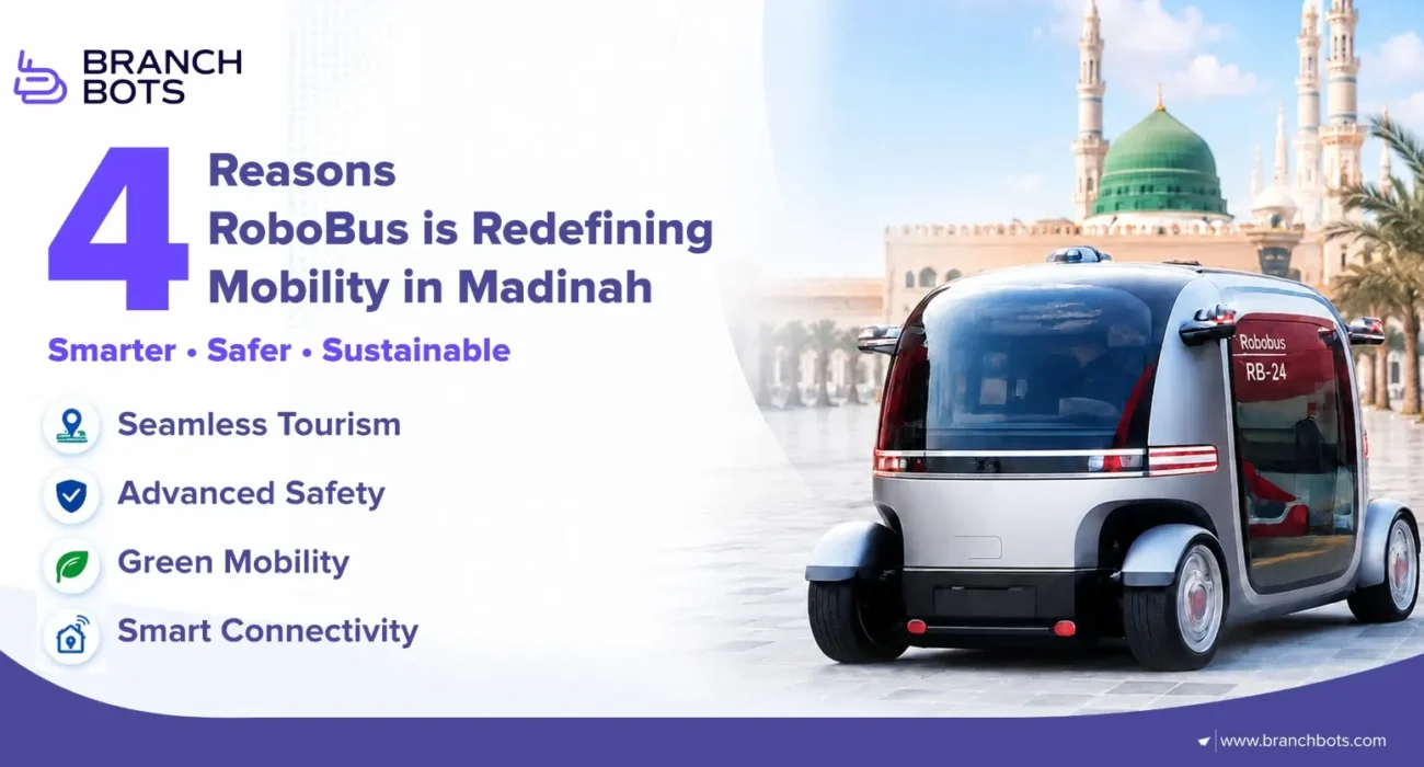 Promotional graphic by Branch Bots featuring an autonomous RoboBus vehicle in front of Medina landmarks and المسجد النبوي. The design highlights four key benefits of smart mobility in Madinah: seamless tourism, advanced safety, green mobility, and smart connectivity, with the tagline “Smarter • Safer • Sustainable.”