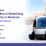 Promotional graphic by Branch Bots featuring an autonomous RoboBus vehicle in front of Medina landmarks and المسجد النبوي. The design highlights four key benefits of smart mobility in Madinah: seamless tourism, advanced safety, green mobility, and smart connectivity, with the tagline “Smarter • Safer • Sustainable.”