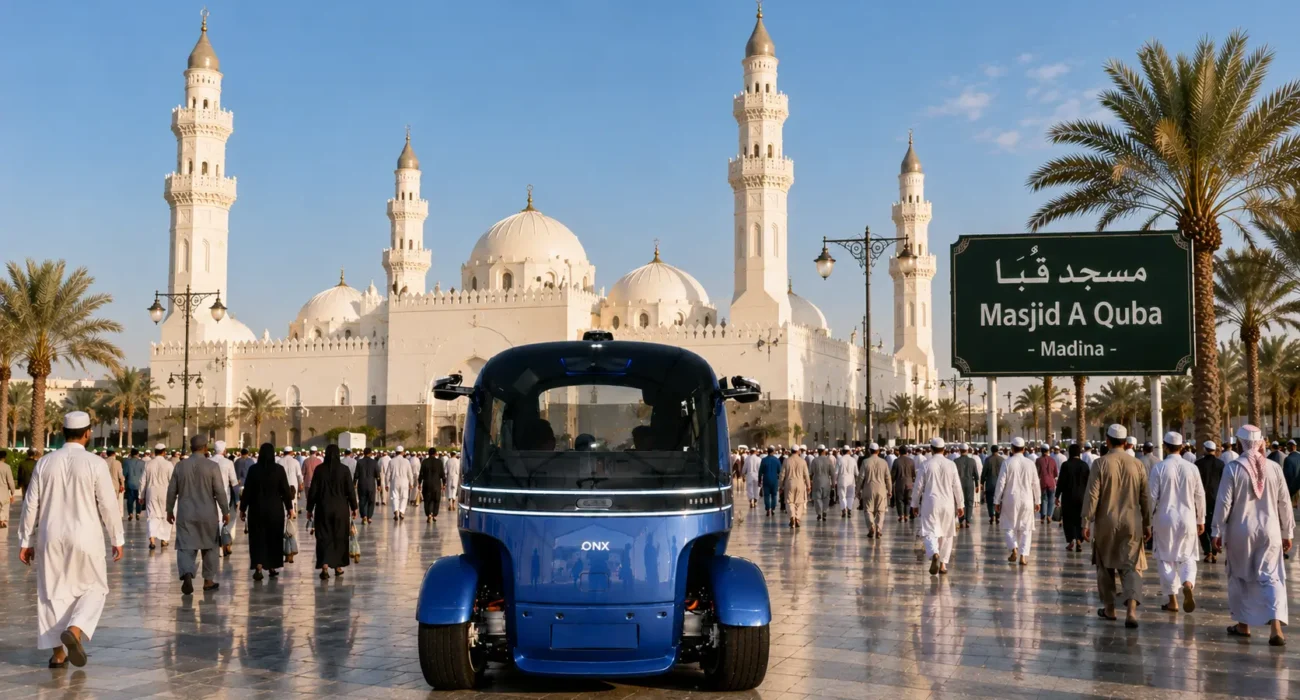 Autonomous RoboBus operating near Masjid Quba in Madinah, Saudi Arabia, showcasing AI-powered smart mobility and future transportation technology by Branch Bots.