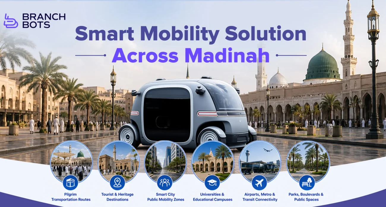 Promotional visual by Branch Bots showing the PIX RoboBus autonomous vehicle in front of Medina city landmarks and المسجد النبوي. The graphic highlights smart mobility applications across Madinah including pilgrimage transportation routes, tourist destinations, smart public mobility zones, universities, airports, metro connectivity, and public parks.