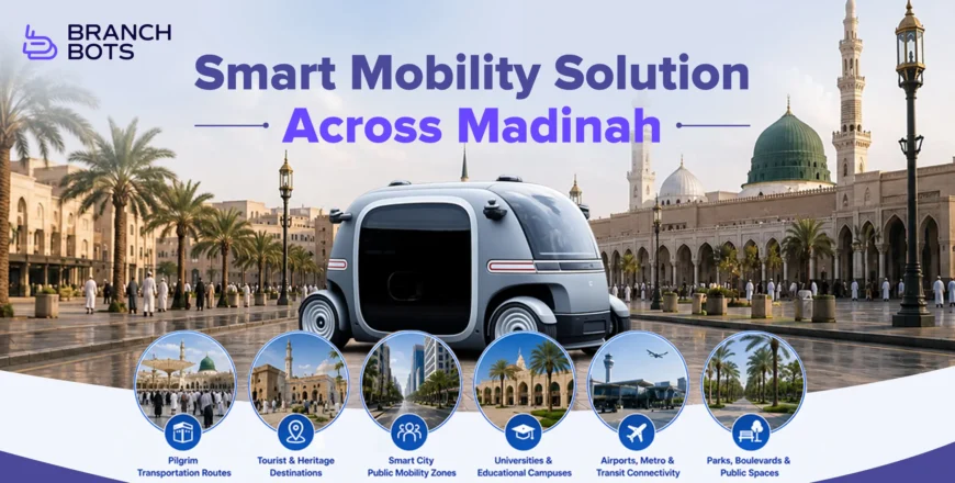 Promotional visual by Branch Bots showing the PIX RoboBus autonomous vehicle in front of Medina city landmarks and المسجد النبوي. The graphic highlights smart mobility applications across Madinah including pilgrimage transportation routes, tourist destinations, smart public mobility zones, universities, airports, metro connectivity, and public parks.