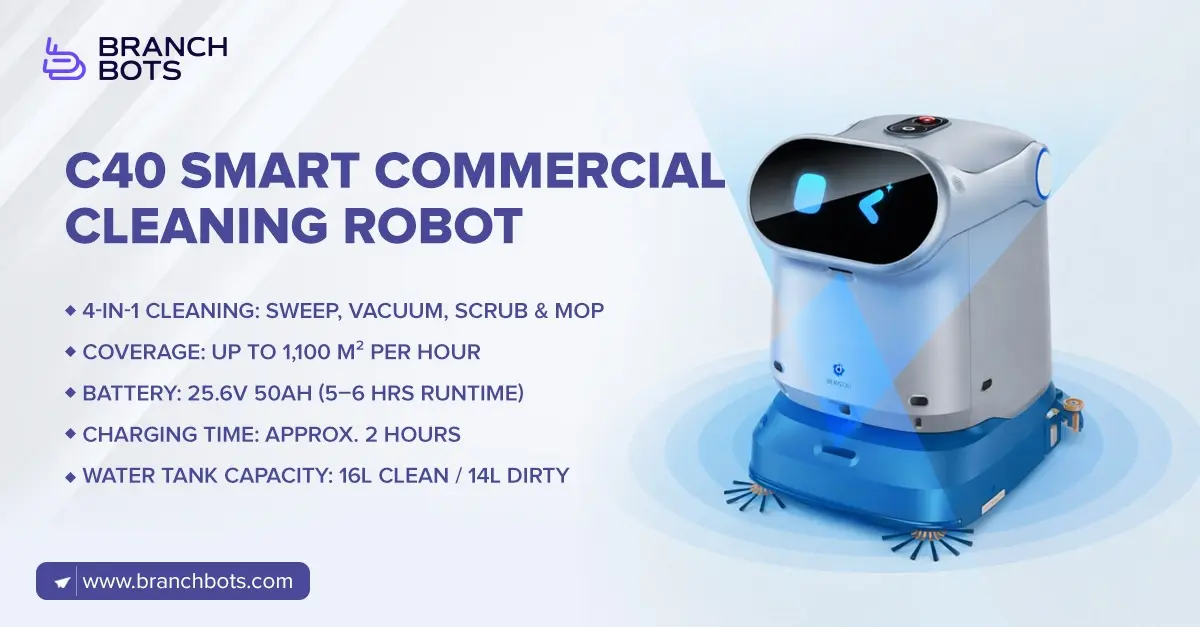 Branch Bots C40 Smart Commercial Cleaning Robot featuring 4-in-1 cleaning functions including sweeping, vacuuming, scrubbing, and mopping with up to 1,100 m² per hour coverage and advanced autonomous cleaning technology.