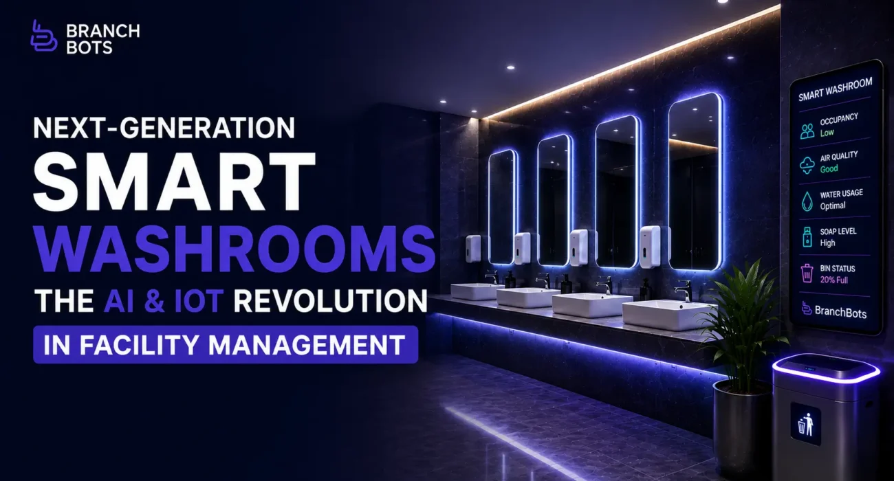 Futuristic smart washroom featuring AI and IoT sensors for occupancy monitoring, air quality tracking, water management, soap level detection, and facility automation.