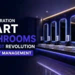 Futuristic smart washroom featuring AI and IoT sensors for occupancy monitoring, air quality tracking, water management, soap level detection, and facility automation.