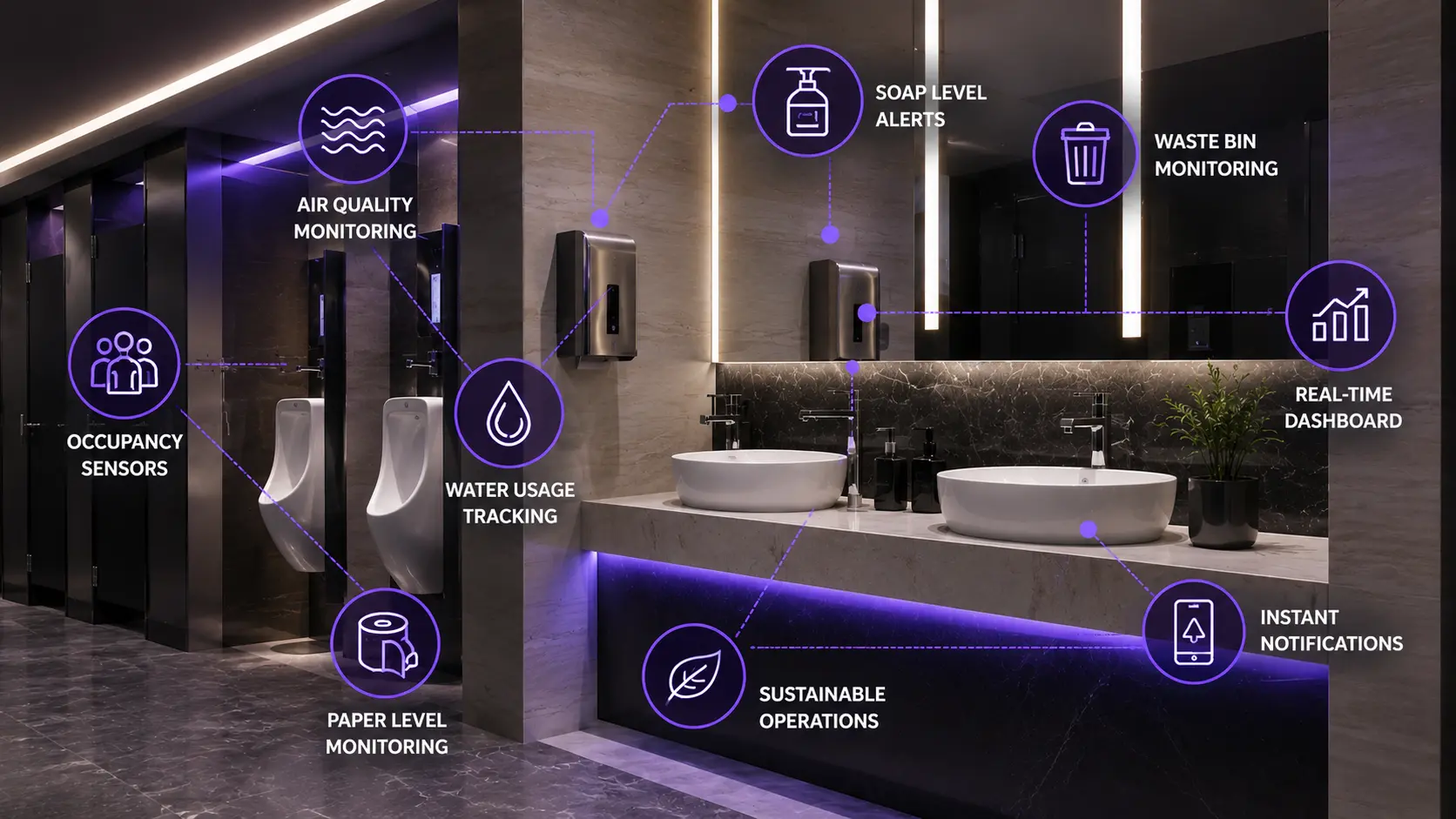 Smart washroom monitoring system with IoT sensors for occupancy tracking, air quality monitoring, water usage management, soap level alerts, waste bin monitoring, and real-time facility management dashboard.