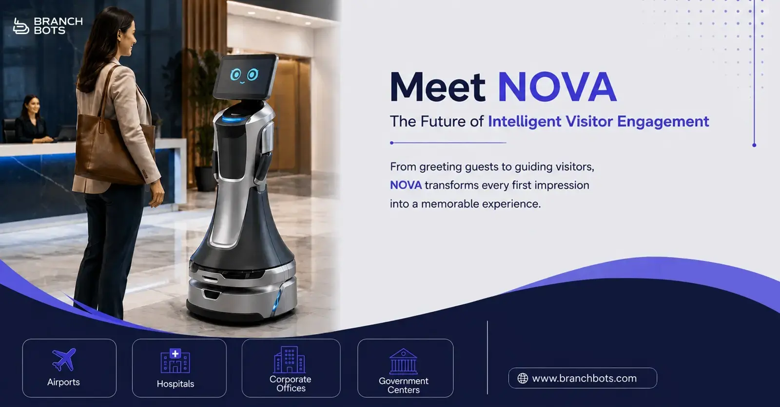 BranchBots NOVA AI reception robot interacting with a visitor in a modern corporate lobby, providing intelligent visitor engagement, guest assistance, and automated reception services.