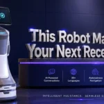 BranchBots AI reception robot standing in a modern office lobby with the message 